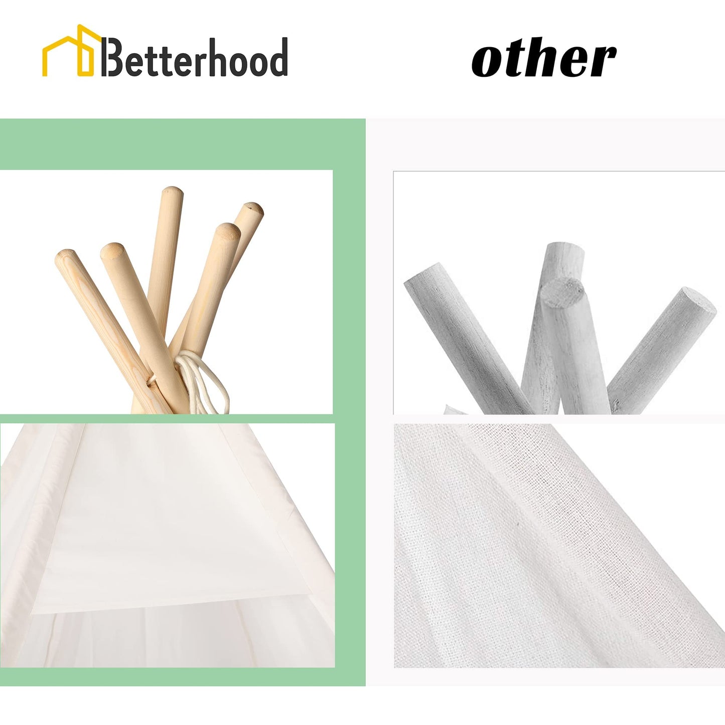 Betterhood 7' Large Teepee Tent For Adults, Play Tent With Carry Bag, 5 Sides Canvas Kids Teepee Tent Indoor & Outdoor Tents For Party, Wedding, Photo Prop, White