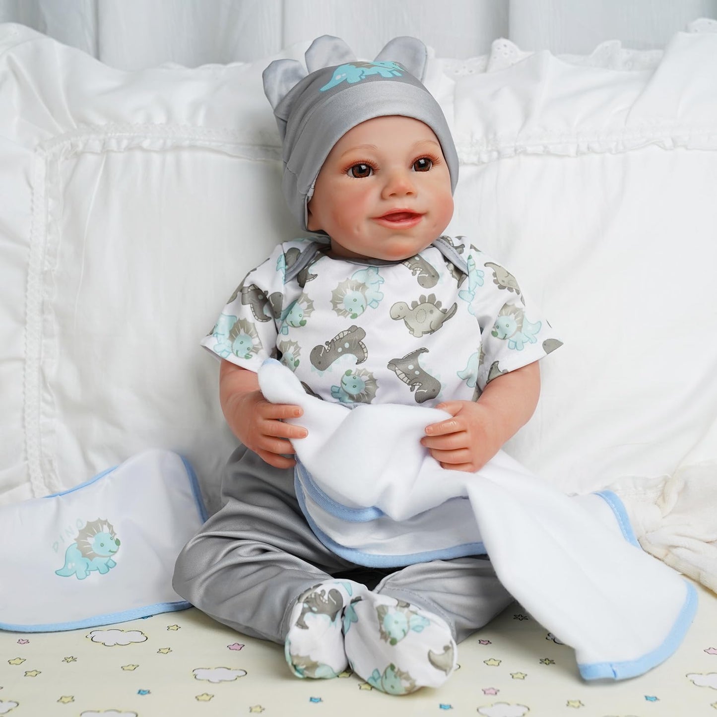 BABESIDE 6-Piece Reborn Baby Doll Clothes Set for 17-22 Inch Dolls - Dinosaur Outfit with Hat  Bib  Socks for Boy or Girl Dolls
