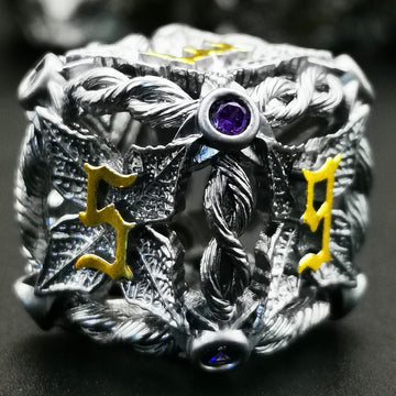 Mjdiceok Hollow Magic Vine Leaf Dnd Dice Set Metal Dice Set 7 Role Playing Dice D&D Dungeons And Dragons Dice (Gray + Purple Gem
