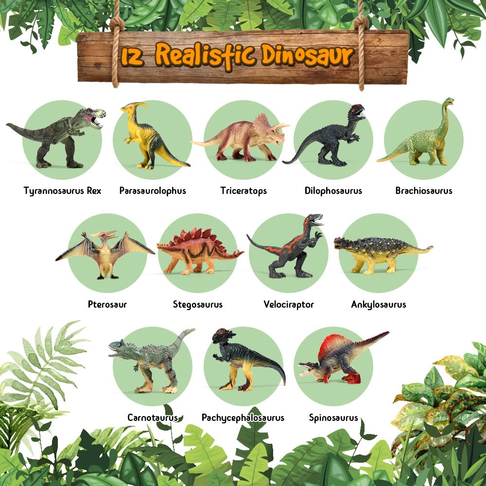 Oenux Dinosaur Toys With Interactive Sound Book For Kids 3-5, Dinosaur Book With Sound &12 Toy Dinosaurs Figures, Toddler Dinosaur Learning Toys For Boy, Dinosaur Present For Boys Girl Age 4-7