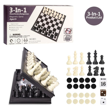 3 In 1 Chess Backgammon Checkers Set,9.8 Inch Magnetic Chess Board,Folding Board Travel Games For Adults And Kids,Lightweight Po