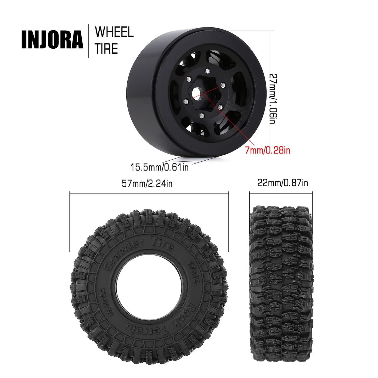 Injora 1.0 Beadlock Wheel S5 Super Soft Sticky Crawler Tires For Trx4M Axial Ax24 Scx24 Fcx24 Enduro24 Upgrade, 57 * 22Mm(Black)
