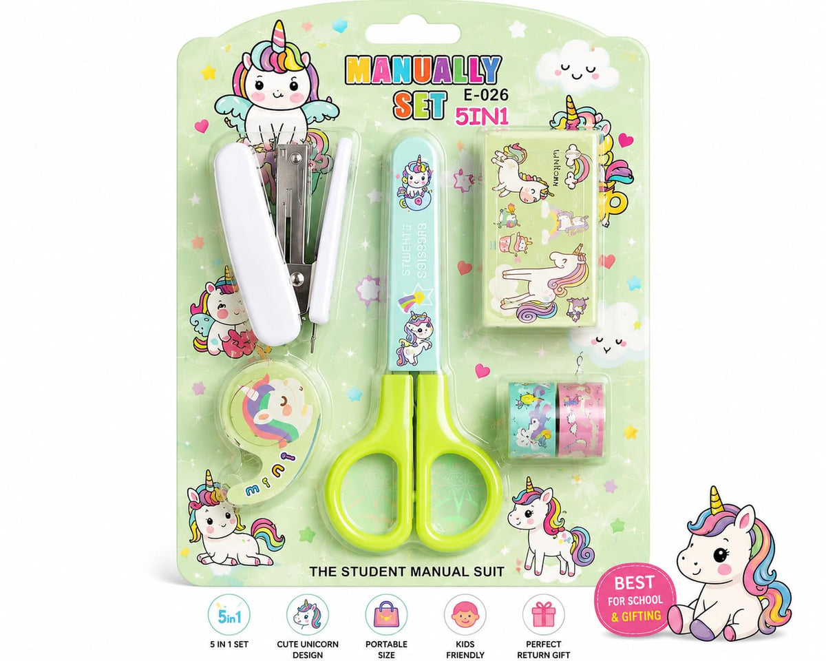 Sge 89 Unicorn Stationery Set For Kids 5 In 1 Mini Study Kit With Scissors Stapler Tape Eraser Washi Tape Cute School Supplies R