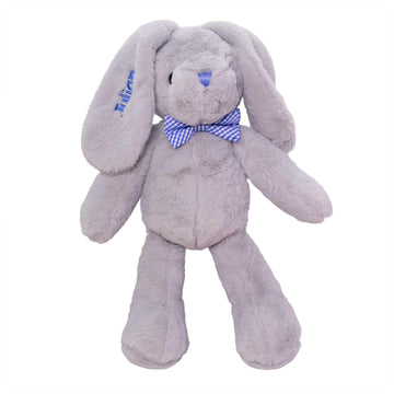 Dibsies Personalized Hoppity Floppity Bunny 18'' (Gray Bunny With Blue Bowtie)