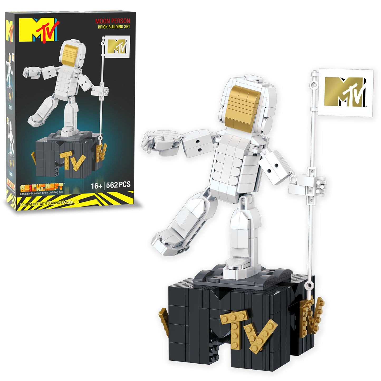 Brickcraft MTV Moon Person Building Set - 510 Pieces, White Plastic, 10.25" Tall - Officially Licensed Collectible Model for Music Fans