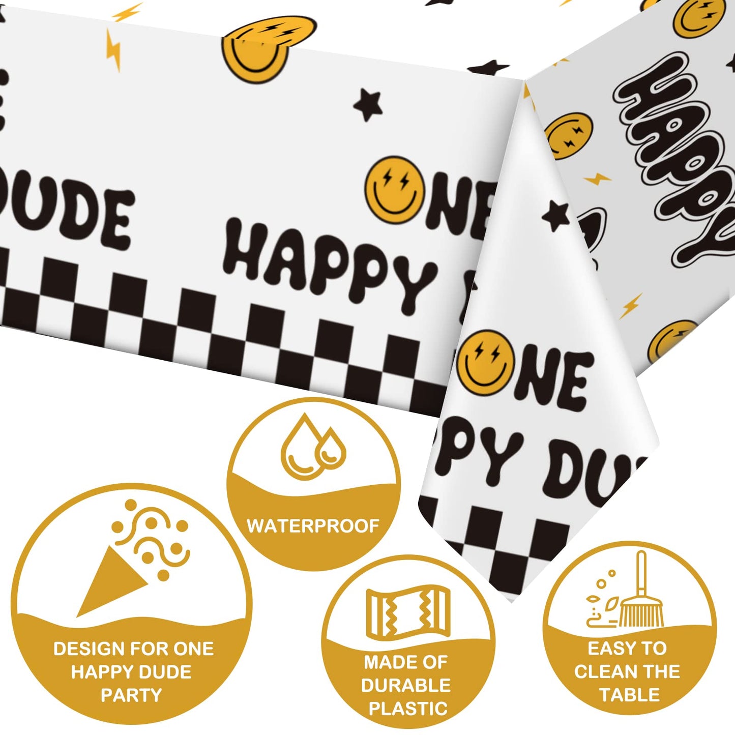 Newwiee One Happy Dude Birthday Party Tablecloths 51 x 108 inch One Happy Dude Table Cover Yellow Smile Face Plastic Table Cloth