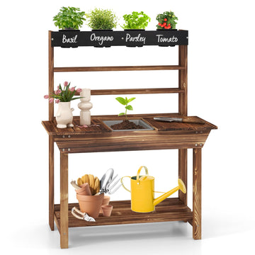 Costzon Kids Potting Bench, Wood Toy Gardening Center with 4 Pots, Chalkboard, Removable Sink, Storage Shelves, Mud Kitchen for