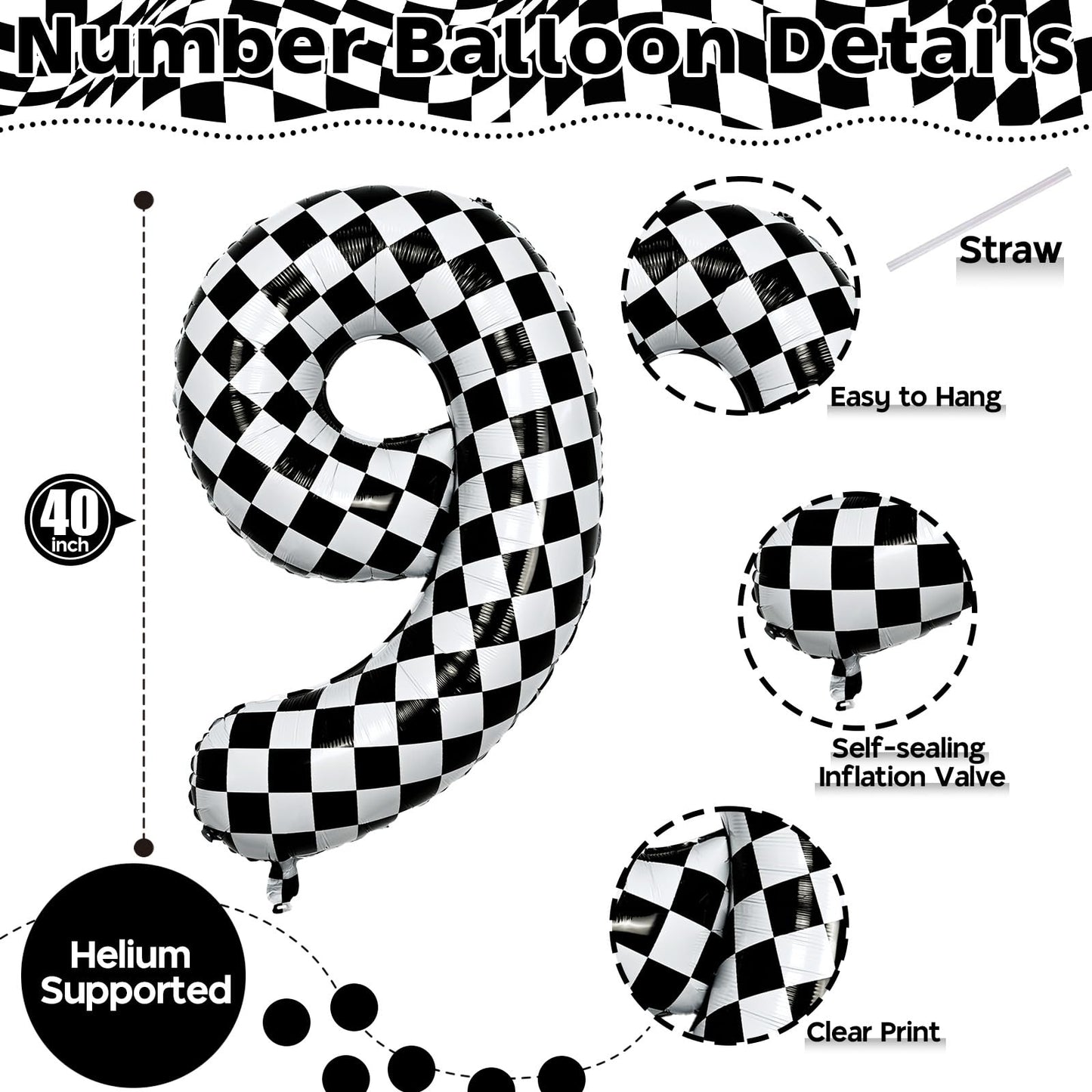 40 Inch Number 9 Balloons For Boys, Checkered Big 9Th Birthday Balloons Decor, Helium Black And White Self Checkered Inflating F