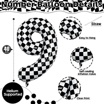 40 Inch Number 9 Balloons For Boys, Checkered Big 9Th Birthday Balloons Decor, Helium Black And White Self Checkered Inflating F