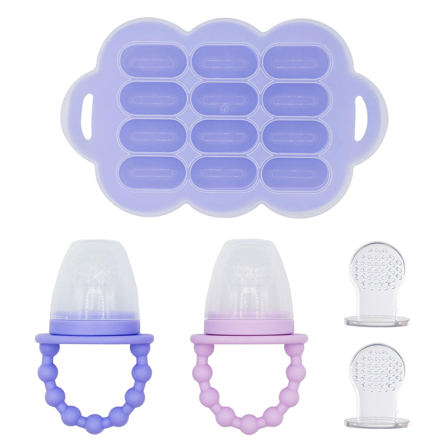 WeeSprout Baby Food Feeder Set - 2 Silicone Feeders & Reusable Freezer Tray with Lid - BPA-Free Fresh Fruit & Veggie Pacifier for Babies & Toddlers - Double as Teething Toys - Dishwasher Safe