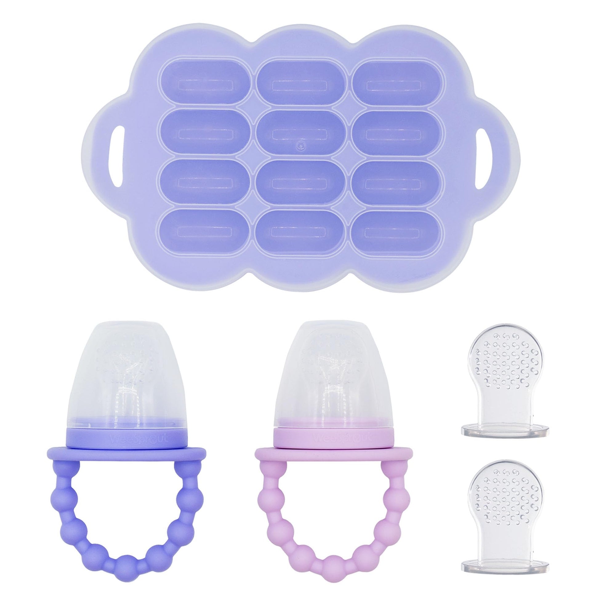 WeeSprout Baby Food Feeder Set - 2 Silicone Feeders & Reusable Freezer Tray with Lid - BPA-Free Fresh Fruit & Veggie Pacifier for Babies & Toddlers - Double as Teething Toys - Dishwasher Safe