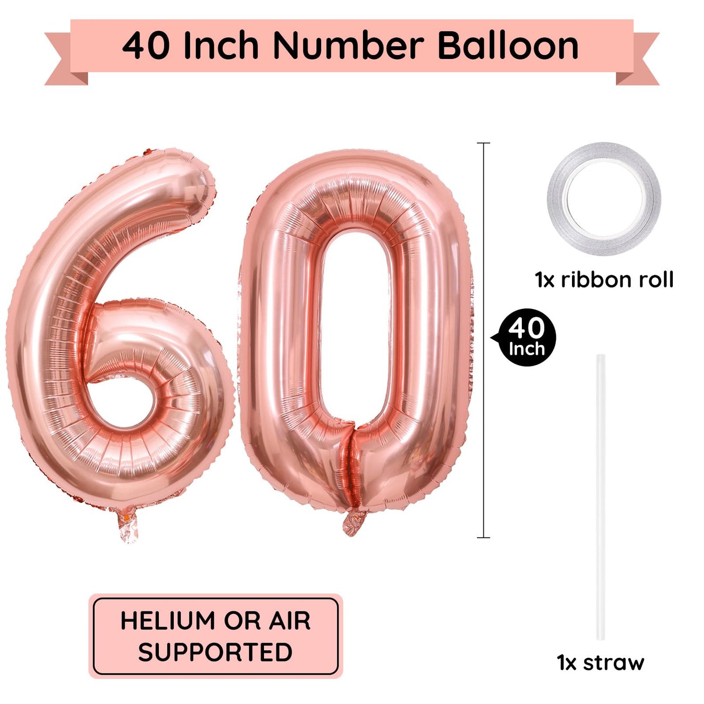 Paticool 60 Number Balloon Rose Gold,40 Inch Large 60 Number Foil Mylar Balloons For 60Th Birthday Party Celebration Decorations