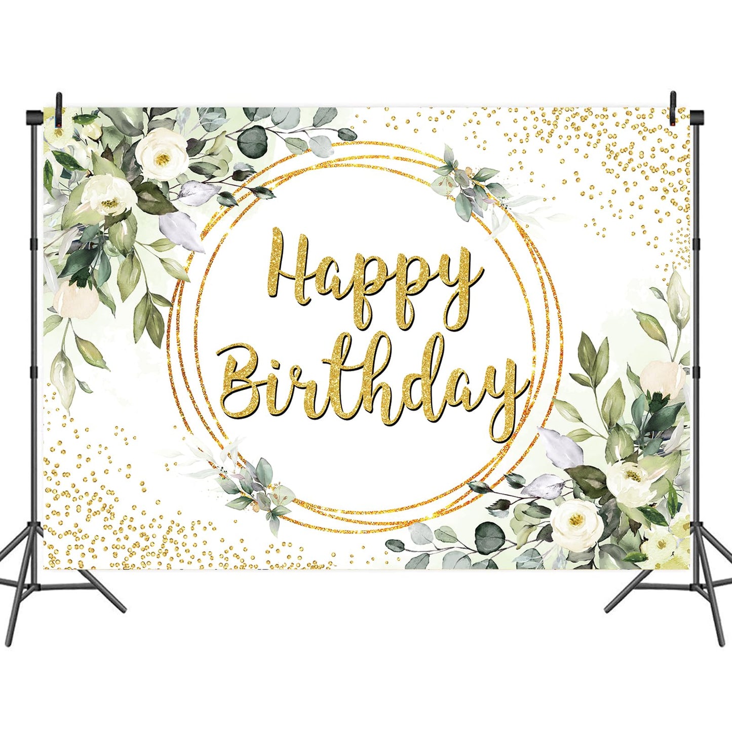 Green Happy Birthday Backdrop Greenery Succulent and Gold Eucalyptus Green Leaves Photography Background Jungle Boys Girl Women