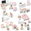 Pithfor Wooden Dollhouse Furniture Set, Dollhouse Accessories And Furniture, With 7 Rooms 3 Dolls, Includes Patio Set & Dog Set,
