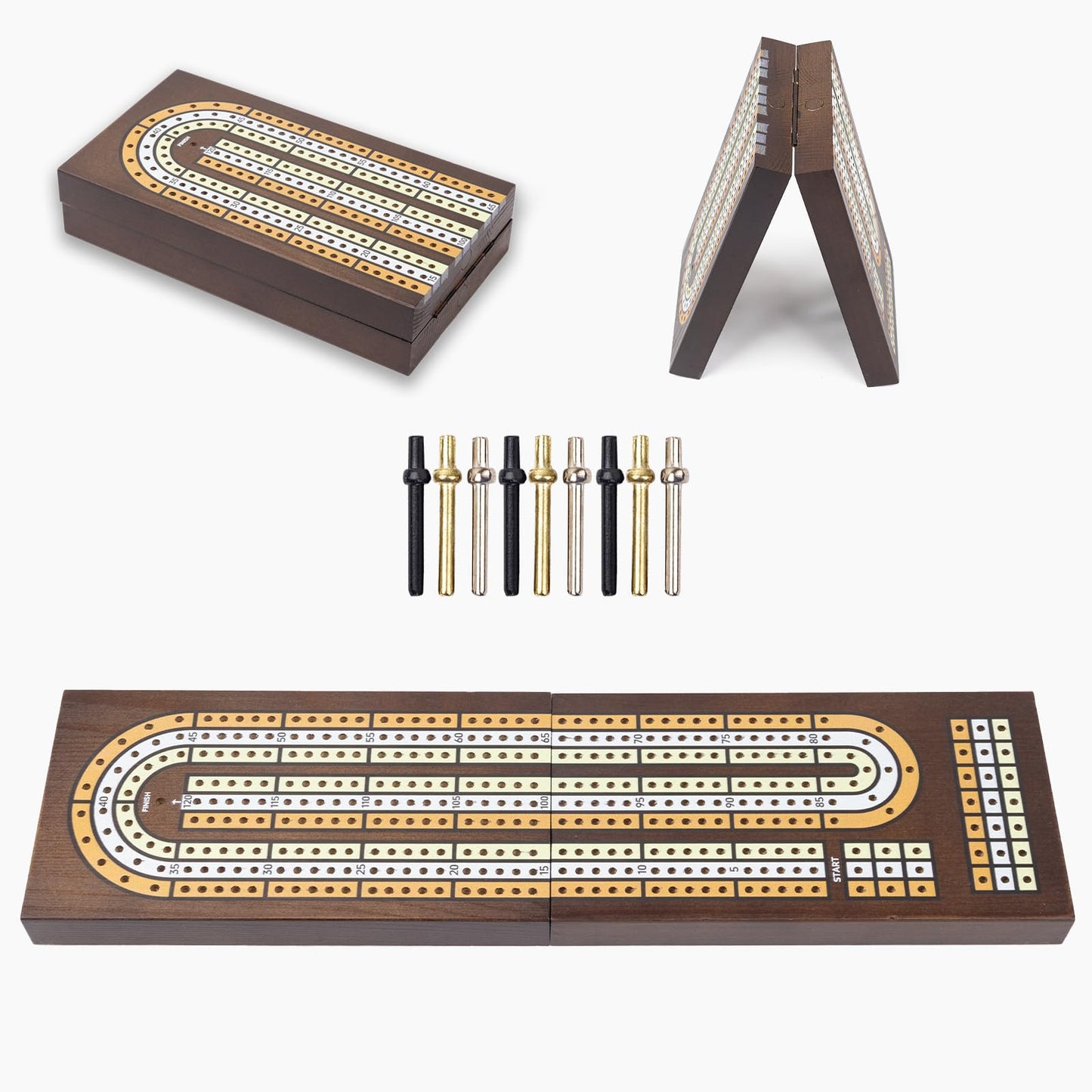 JstFrU Wooden Cribbage Board Game Set - 3 Track, Magnetic Storage, Small, Model RX-3021, Includes 9 Metal Pegs & Playing Cards