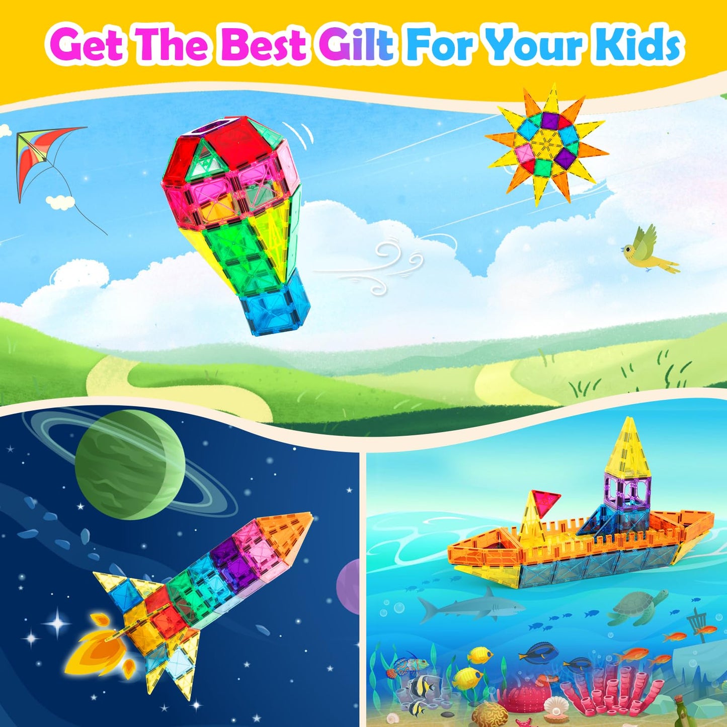 Anbalulu Magnetic Building Tiles, 134Pcs Large Magnet Building Set,Magnetic Blocks, 3D Stem Stacking Toys, Magnets Toy For Kids