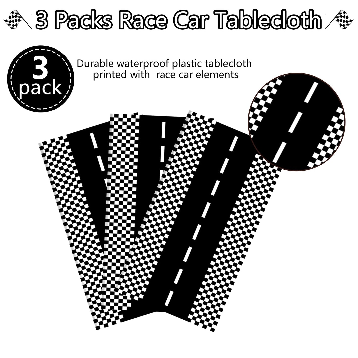 Kesfey 3 Packs Race Car Plastic Table Cloths 54 X 108 Inch Race Car Road Birthday Party Supplies Race Track Tablecloth Black Che