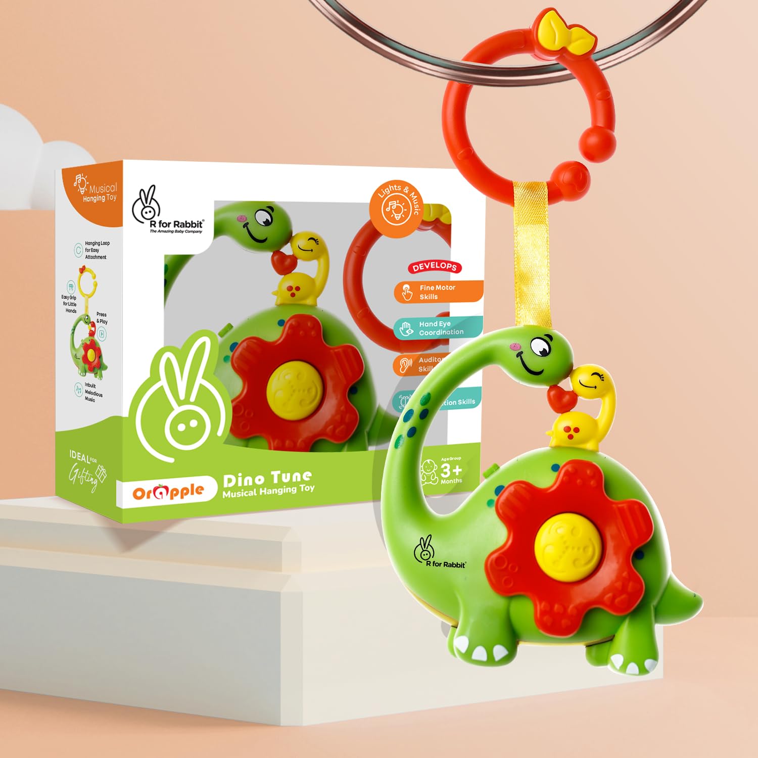 R For Rabbit Orapple Dino Tune Musical Hanging Toy For Baby With 4 Built-In Tunes, Press & Play Mode, Attachable To Stroller, Cr