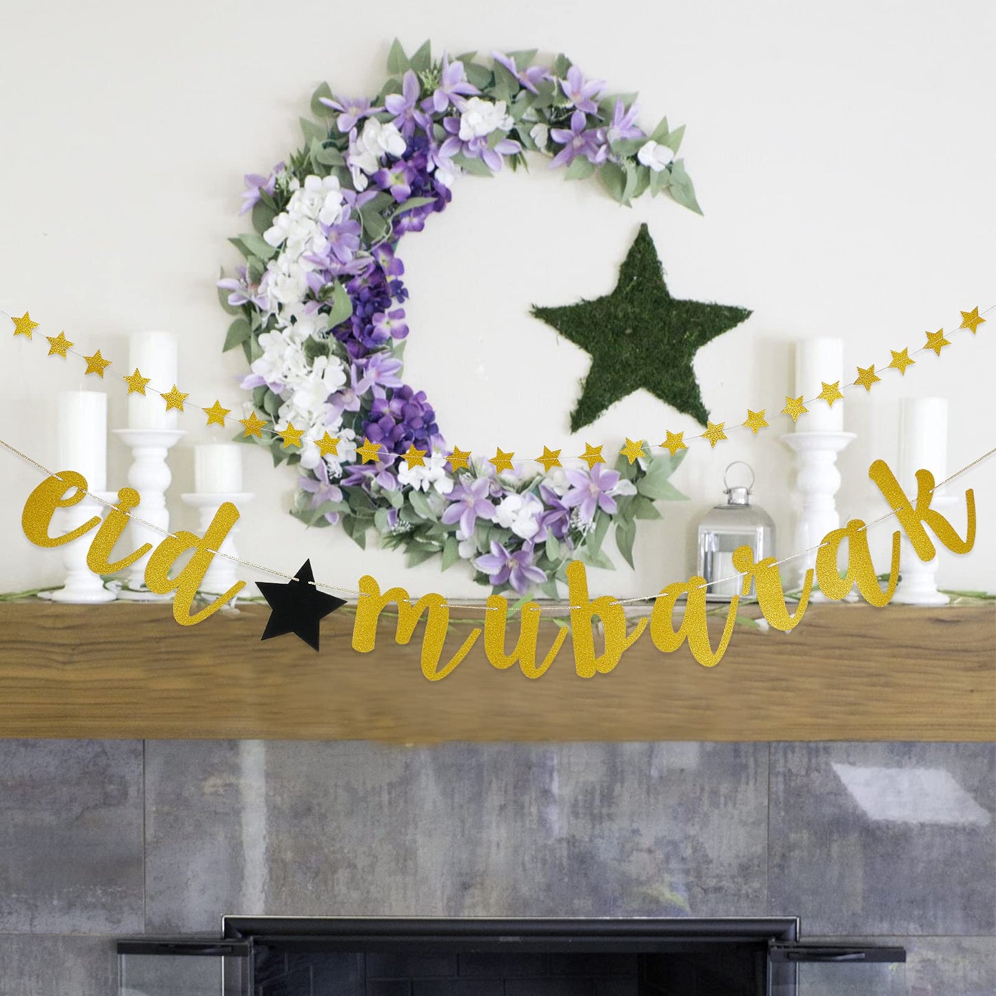 Gold Eid Mubarak Banner and Star Garland, Muslim Eid Mubarak Festival Garland Banner Eid Mubarak Decorations for Home Muslim Ram