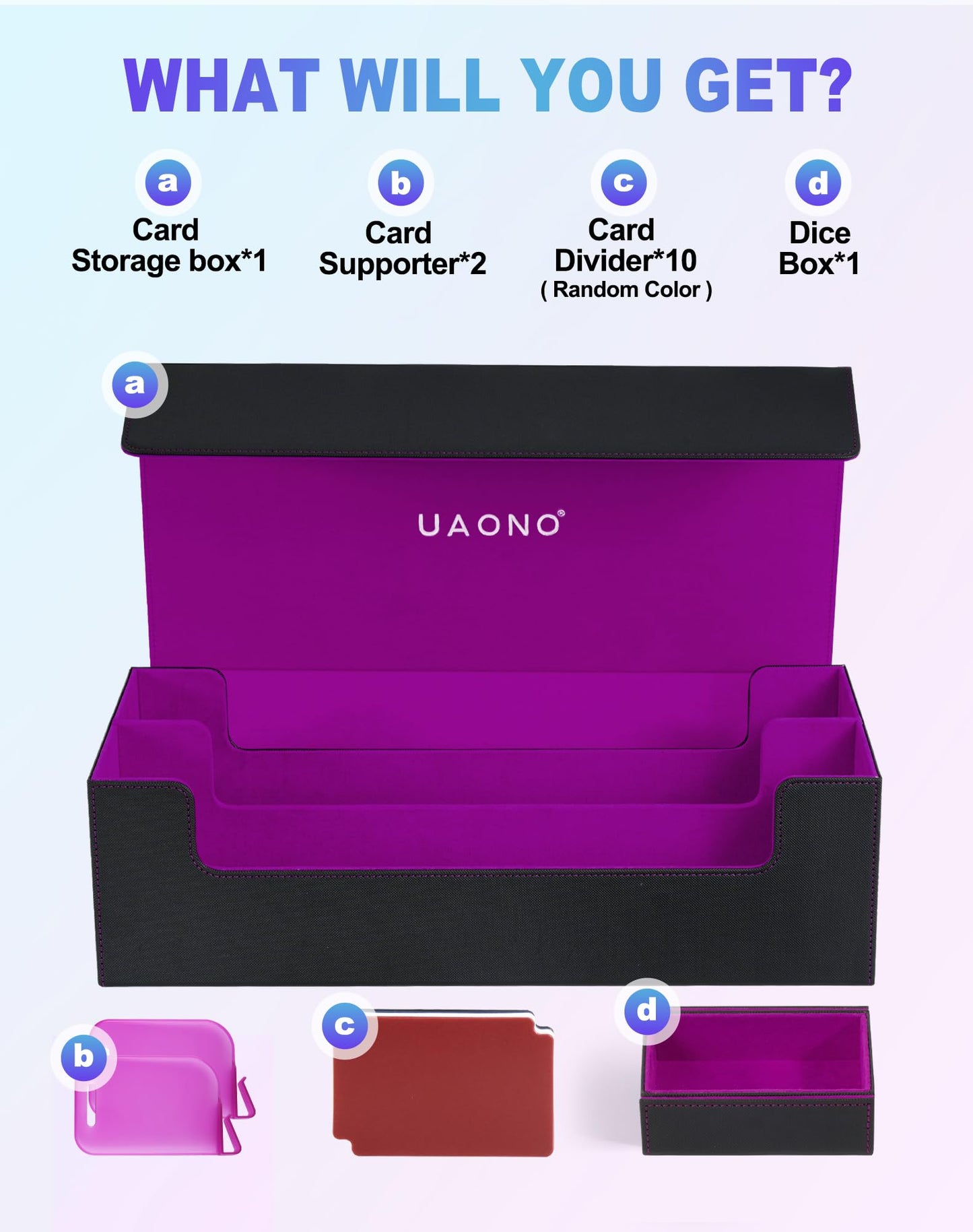 UAONO Trading Card Storage Box for MTG  Fits 7 Pcs Small Commander Deck Box  Large Card Deck Case with Dice Box for TCG PTCG Magic Sports Cards Game Playmat (Black  Purple)