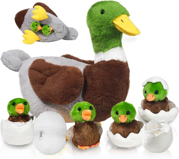 7 In 1 Mallard Duck Stuffed Animals Plush Duck Toys, Zipper Mommy Stuffed Duck Plush With 4 Baby Ducklings Toy And Eggs Duck Plu