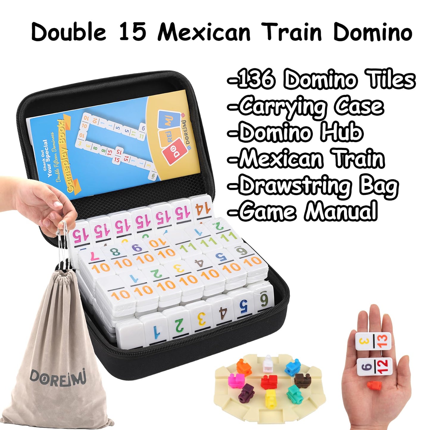Doreimi Mexican Train Dominoes Set Double 15,Double Fifteen Dominoes With 136 Colored Tiles,Number Dominos For Adults Family Boa