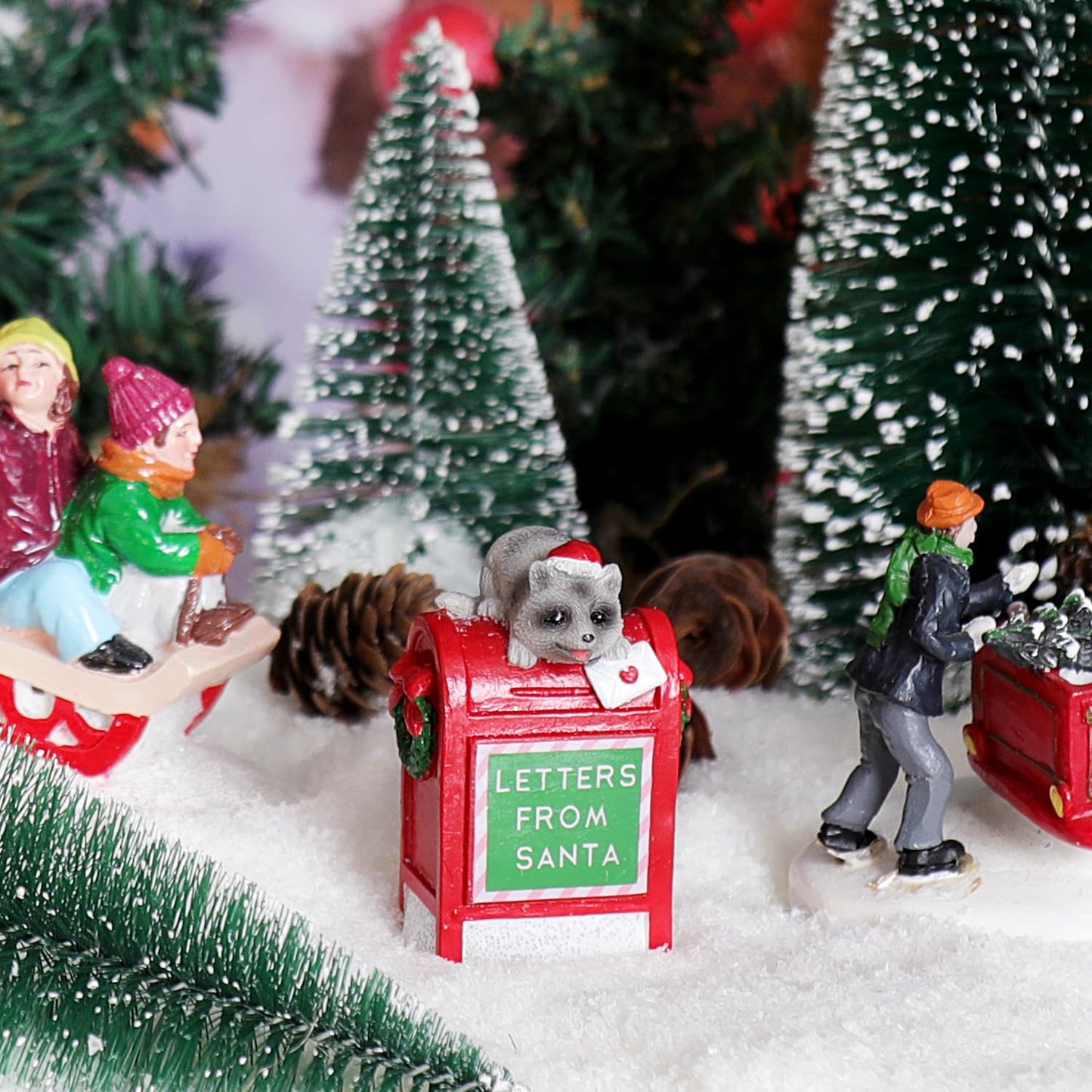 Christmas Village Accessories Ornaments Resin Christmas Village Sets Decoration For Xmas Festival Holiday (Raccoon Letters From