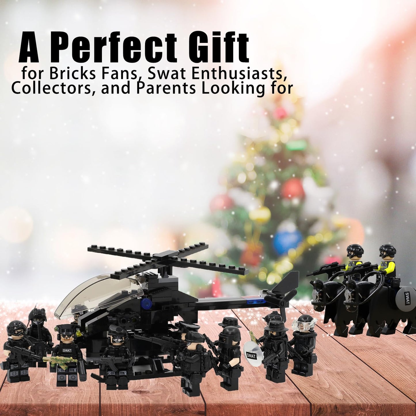 Koowants SWAT Set with 12 SWAT Officers  2 Mounted Police with Horse - 1 Helicopter  1 protective coveringed SWAT SUV Vehicle and 2 Motorcycle Safe & Durable ABS - Great Gift for Kids  Boys  and Collectors