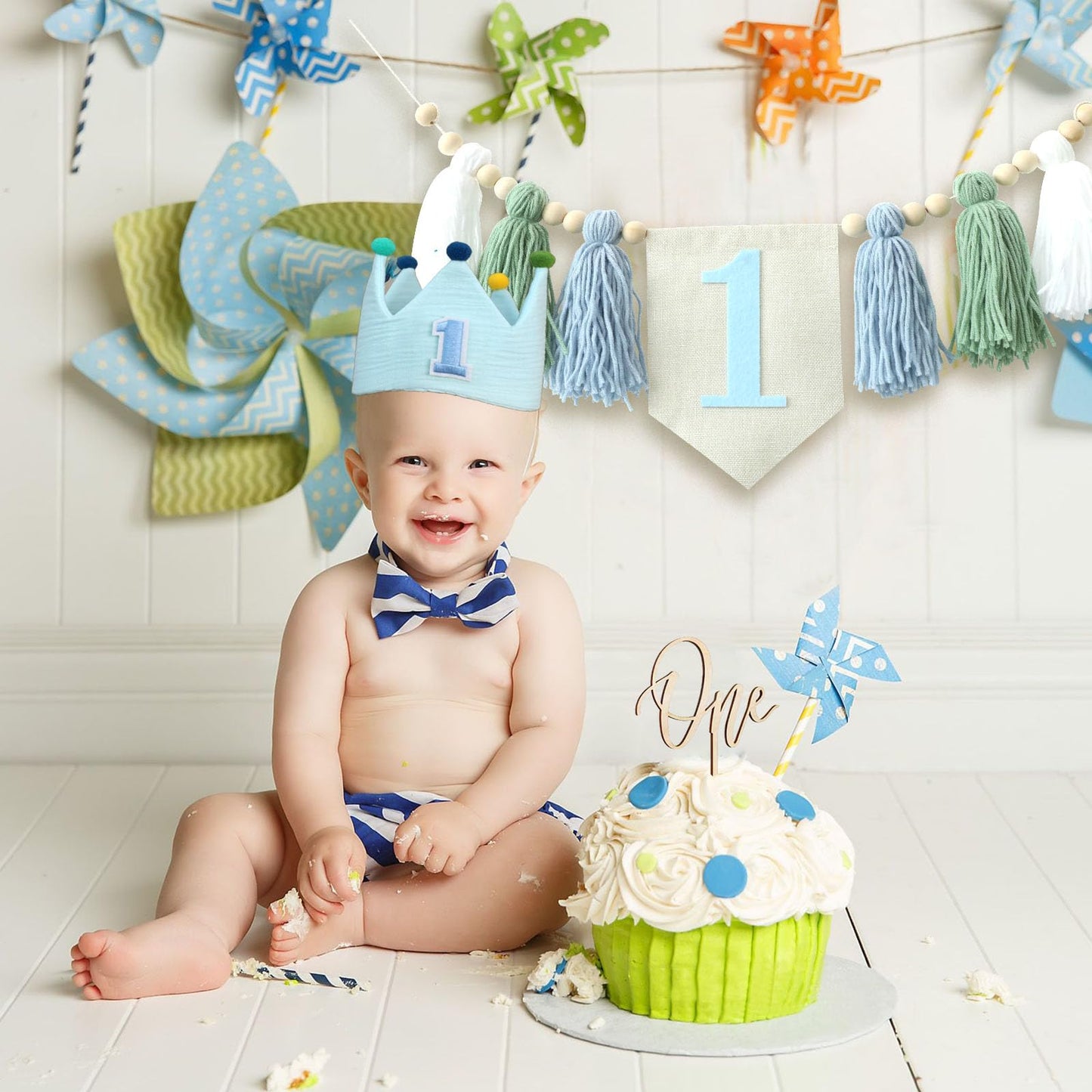 Baby 1St Birthday Party Decorations For Handmade Tassel Garland Highchair Banner With One Cake Topper Blue Crown Hat