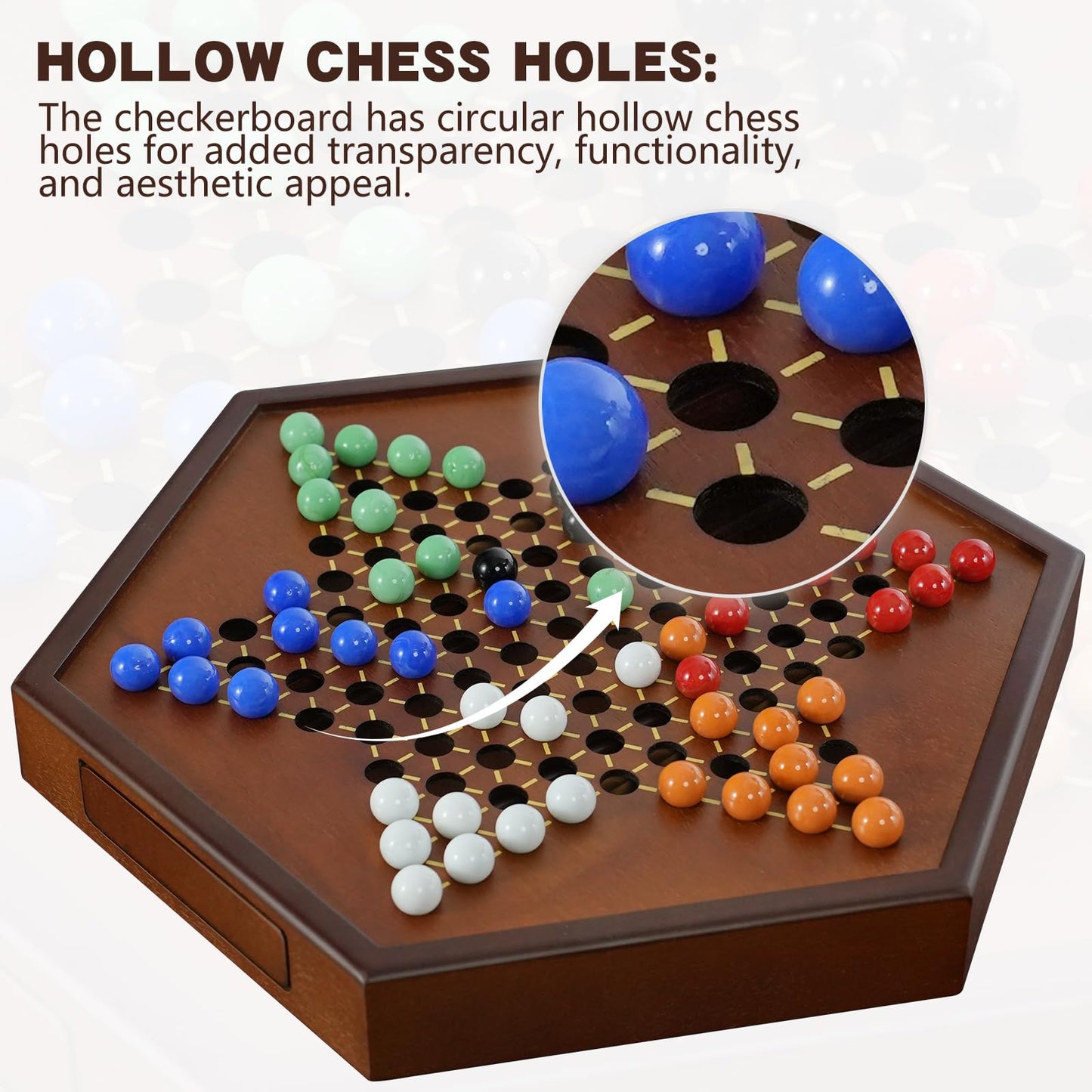 DecoWoodo 15 Large Upgraded Wooden Chinese Checkers Game Board - enhanced 16mm Glass Marbles (60 + 12 Extras)  Easy Grip  Storage Drawer  Ideal Multi-Player Puzzle Game for 2-6 Players