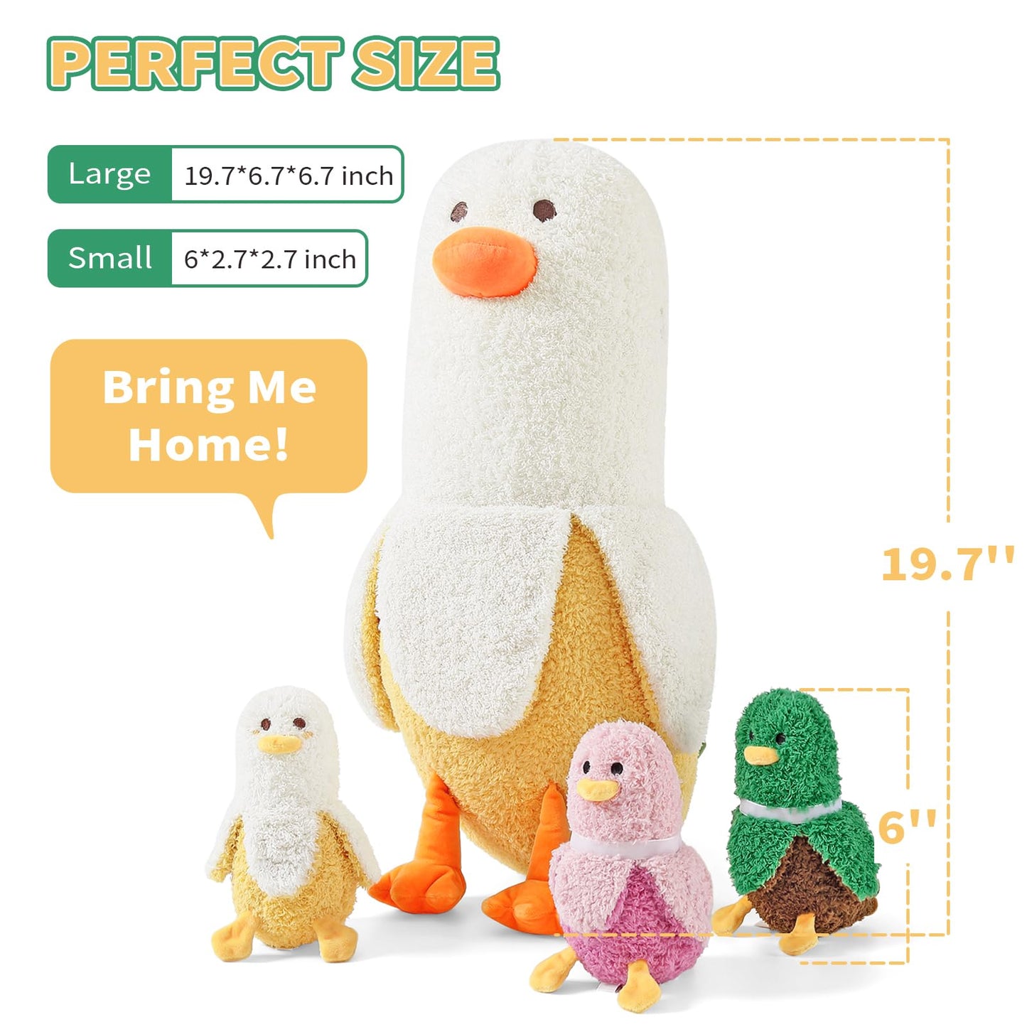 PEACH CAT Banana Duck Plush Set - 19.7 Mommy Duck with 3 Cute Babies, 4-Piece Stuffed Animal Toy Gift for Kids, Family Fun