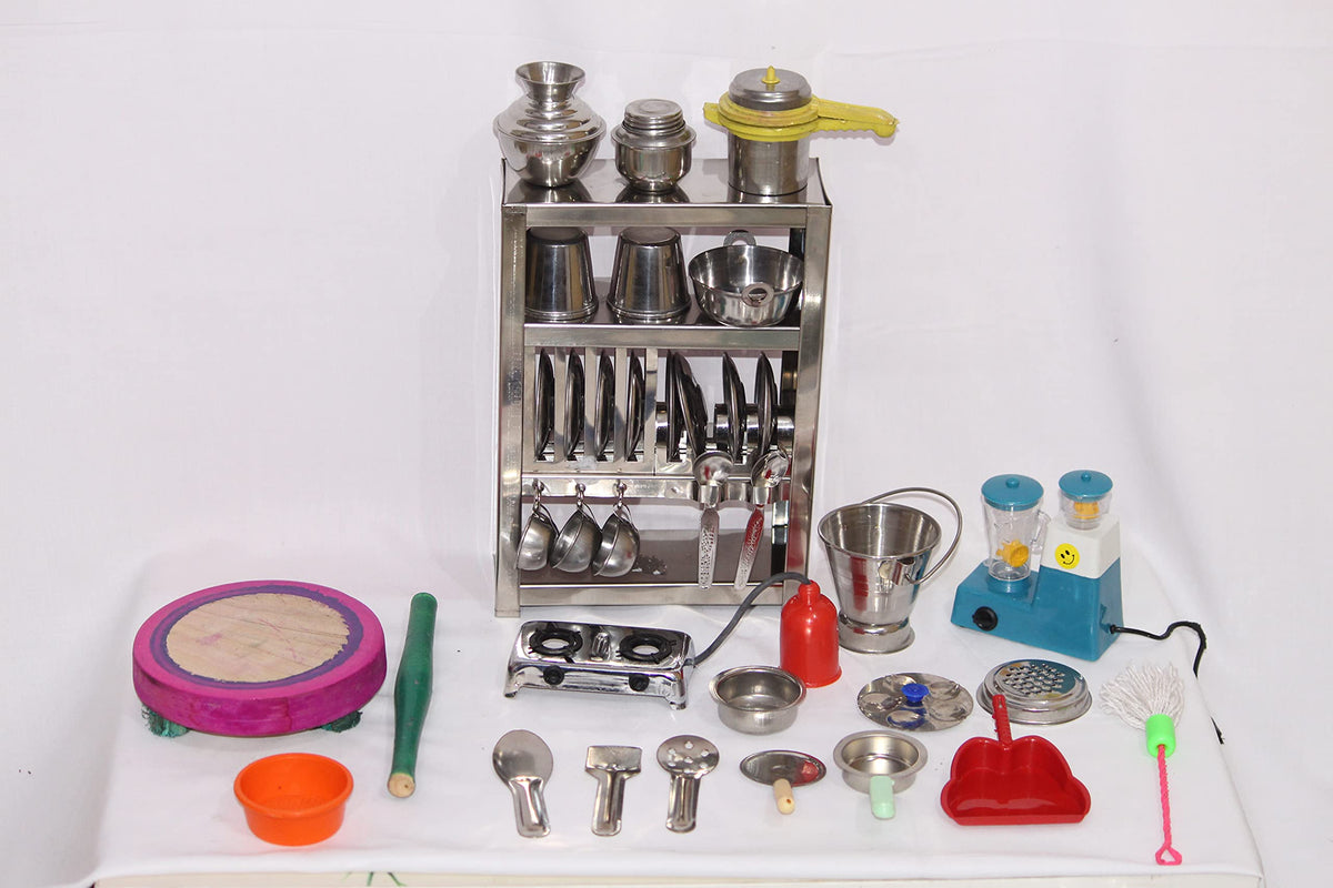 Tirtha Enterprises Mini Stainless Steel Utensils and Plastic Non Toxic Indian Kitchen Set (Classic 6)