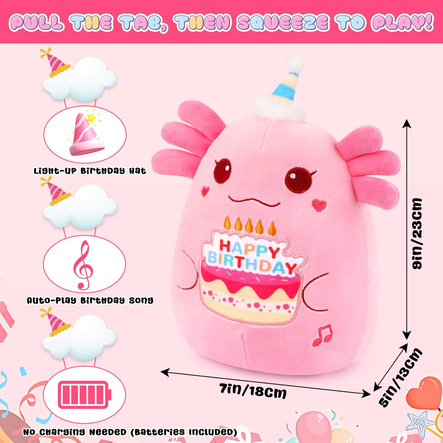 Prewplam Axolotl Plush Toy - 8" Pink Singing & Glowing Stuffed Animal, Birthday Gift for Kids, Model CGZ-SRRY-D