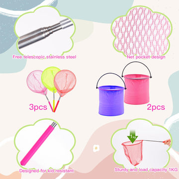 Dewel 3 Pack Colored Telescopic Butterfly Nets For Kids Bug Insect Catching Net Extendable 34 Inches,Pop Up Insect Mesh Cage,But