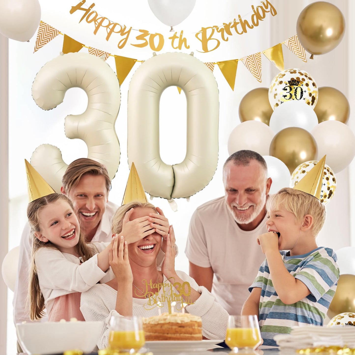 30Th Birthday Decorations Sand White Gold,30Th Birthday Balloons Beige Gold,Happy 30Th Birthday Banner With Cake Toppers Number