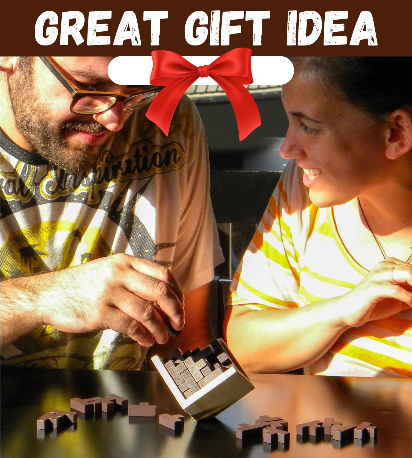 Sharp Brain Zone 3D Wooden Brain Teaser Puzzle - Engaging Desk Toy for Kids & Adults, Dark Brown, Model 1