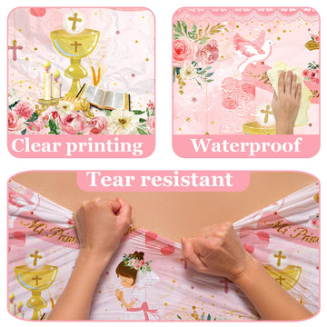 Gupesxu First Communion Decorations-3Pcs Pink Mi Primera Comunion Tablecloth Baptism Table Covers For Girl Newborn Baby Shower T