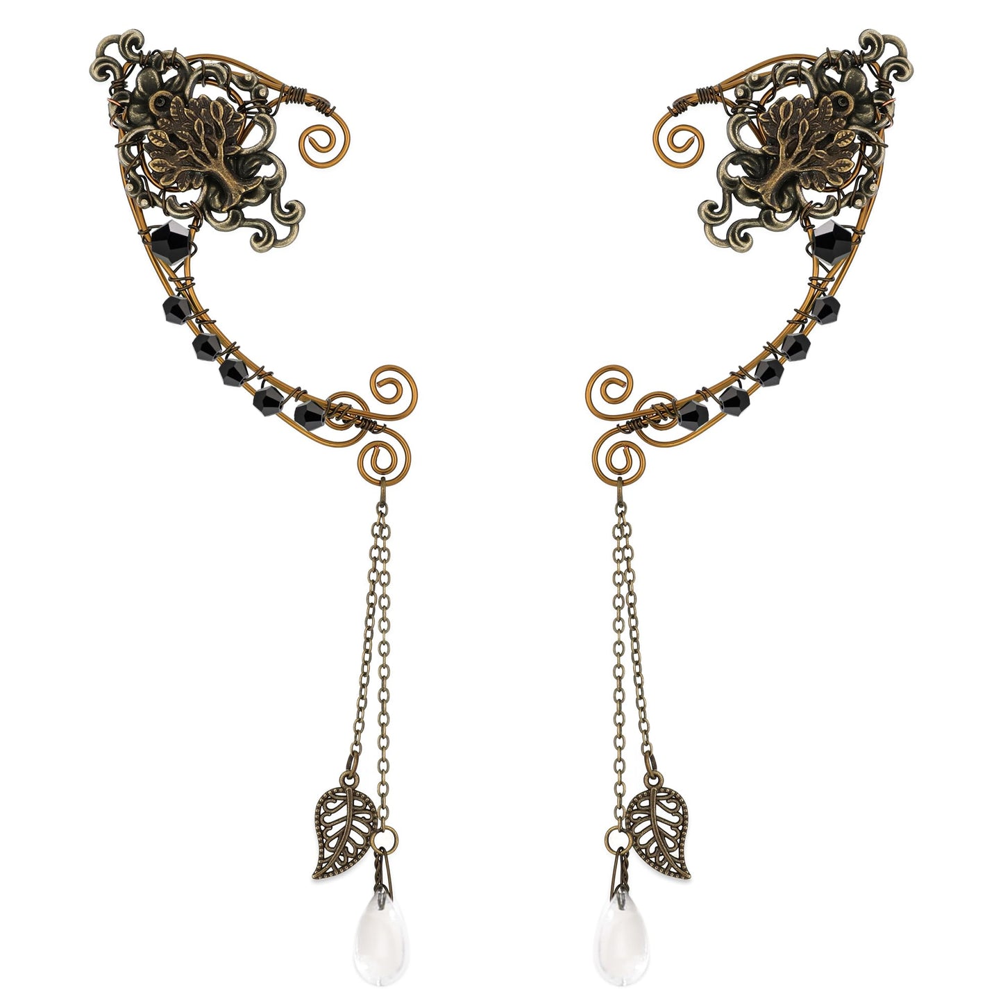 Renaissance Fairy Elf Ear Cuffs - Handmade Vintage Bronze Tree Elf Earrings With Black Crystal Non Piercing Metal Ear Clip Elven Ear Wraps For Women Christmas Halloween Renfaire Party Accessories
