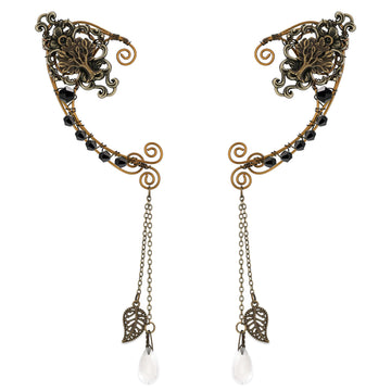 Renaissance Fairy Elf Ear Cuffs - Handmade Vintage Bronze Tree Elf Earrings With Black Crystal Non Piercing Metal Ear Clip Elven Ear Wraps For Women Christmas Halloween Renfaire Party Accessories