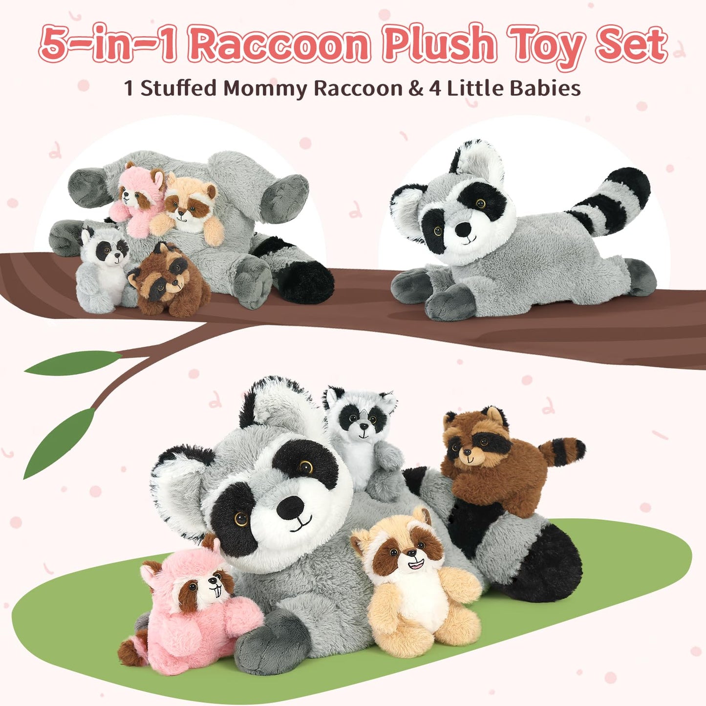 Tezituor 5 Pcs Giant Raccoon Stuffed Animal Set,18 Inches Raccoon Plushies With 4 Babies Woodland Farm Party Decor Soft Plush Raccoon Toy For Kids' Birthday Gifts