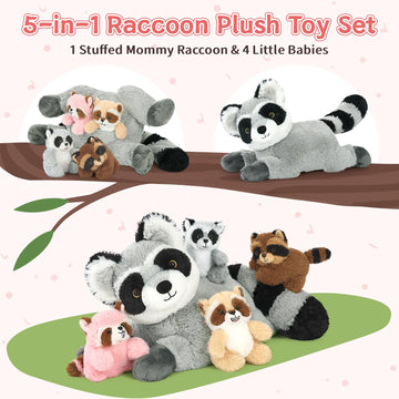 Tezituor 5 Pcs Giant Raccoon Stuffed Animal Set,18 Inches Raccoon Plushies With 4 Babies Woodland Farm Party Decor Soft Plush Raccoon Toy For Kids' Birthday Gifts