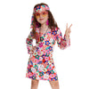 MRYUWB 70s Hippie Dress for Girls, 1970s Outfits Peace Sign Necklace Headband, 60s Themed Party Costumes for Kids 5-14 Years (Fl