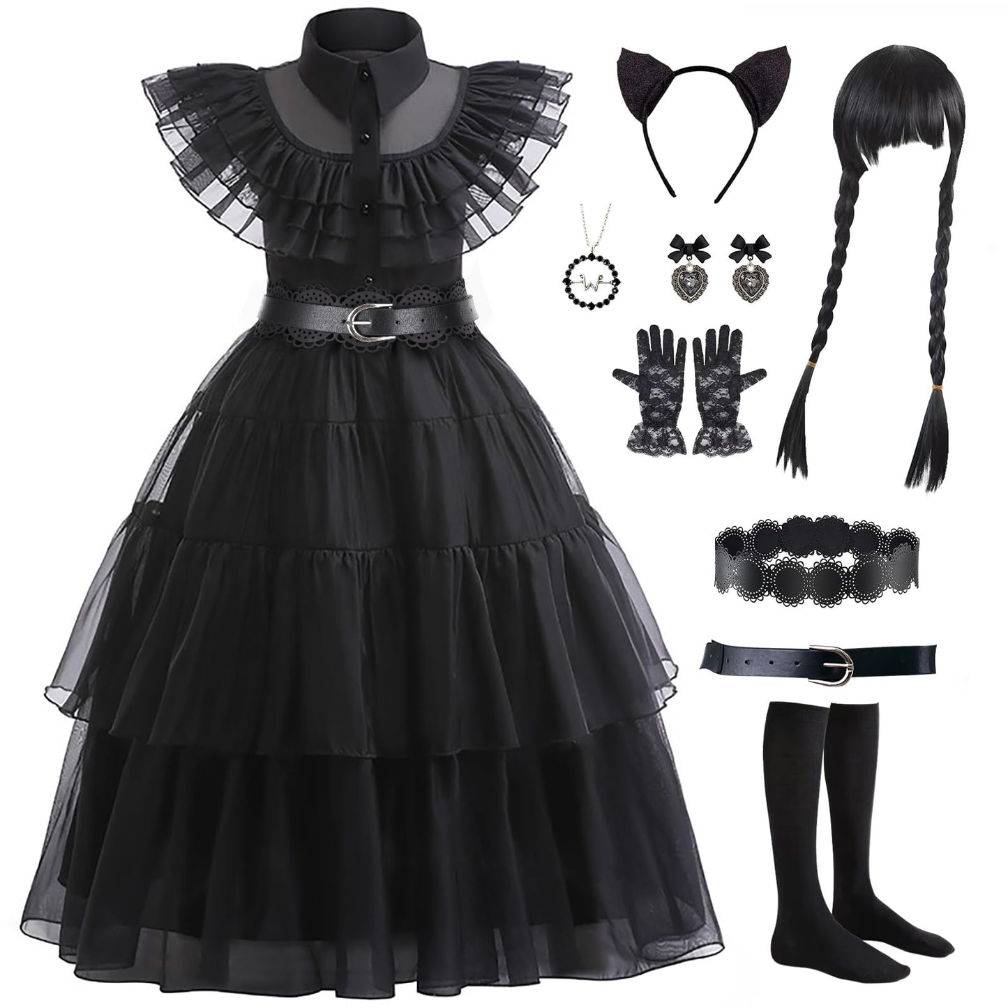 Cvnhmg Wednesday Costume Dress Kids Girls Black Cosplay Halloween Party Dress Up Gothic Costume With Accessories