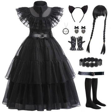 Cvnhmg Wednesday Costume Dress Kids Girls Black Cosplay Halloween Party Dress Up Gothic Costume With Accessories