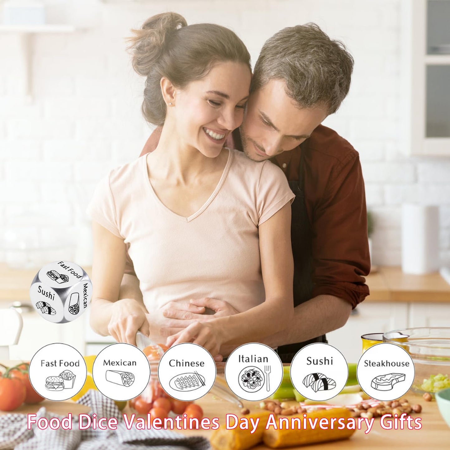 Onfaon Stocking Stuffers Food Decision Dice Decider For Couple,Valentines Day Gifts For Him Her Wedding Anniversary Steel Date N