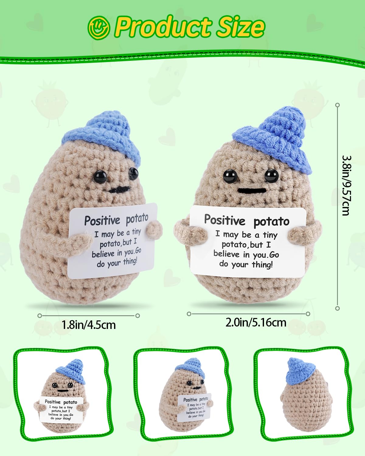 Jelutar Mini Funny Positive Potato, 3 Inch Knitted Doll With Positive Card For Cheer Up Gifts And Party Decorations, Cute Positive Potato Crochet Doll For Birthday Gifts (Potato With Blue Hat)