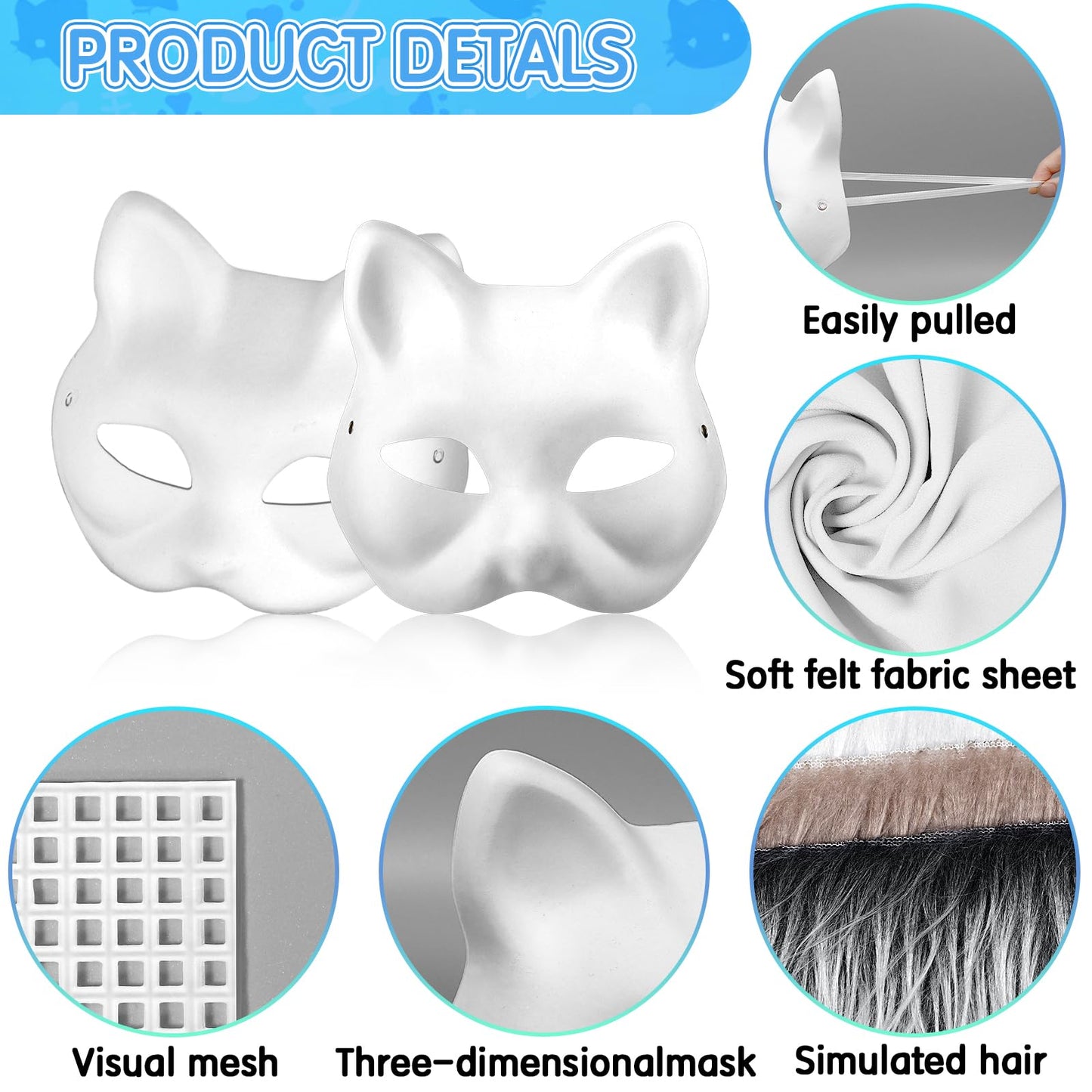 Draupnir 6Pcs Therian Mask Kit Cat Fox Mask with Felt Fabric Sheet, Fur and Eye Mesh, DIY Blank White Paper Cat Face Mask to Pai