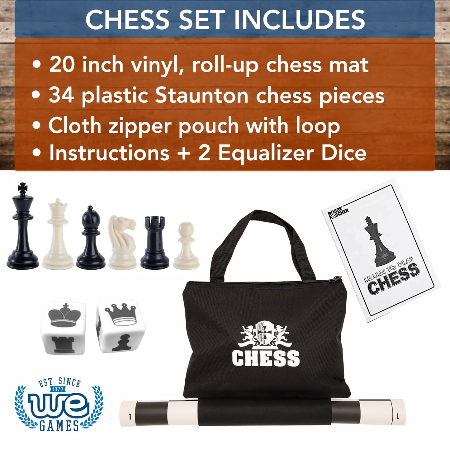 We Games Tournament Chess Set – Chess Board For Adults With 34 Pieces, Roll-Up Vinyl Board, Accessories & Travel Bag - Set Of 6, Black & White