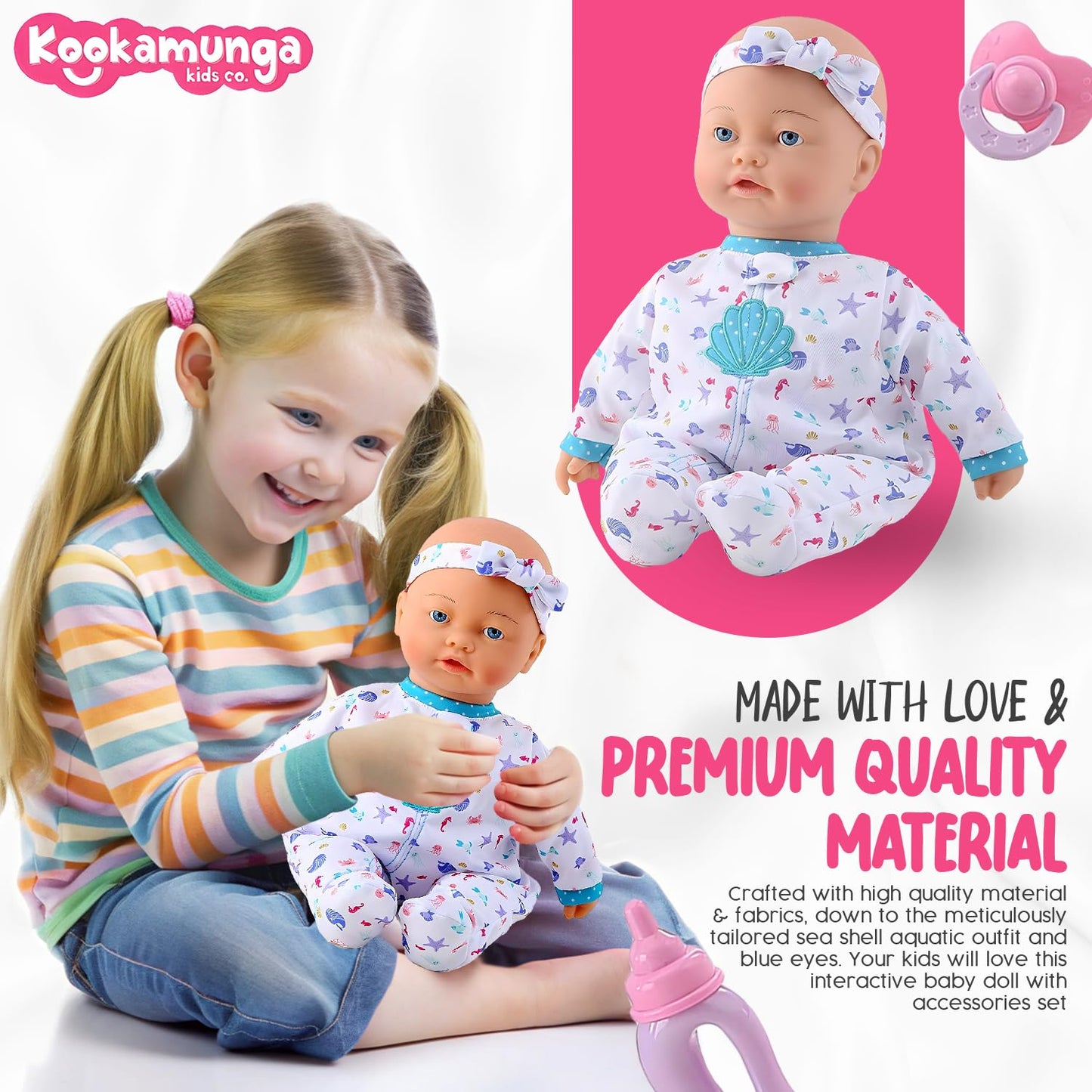 KOOKAMUNGA KIDS 16 Interactive Baby Doll - Realistic Touch-Activated Sounds, Moves, Breathes - Includes Toy Baby Bottle, Blue