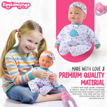 KOOKAMUNGA KIDS 16 Interactive Baby Doll - Realistic Touch-Activated Sounds, Moves, Breathes - Includes Toy Baby Bottle, Blue